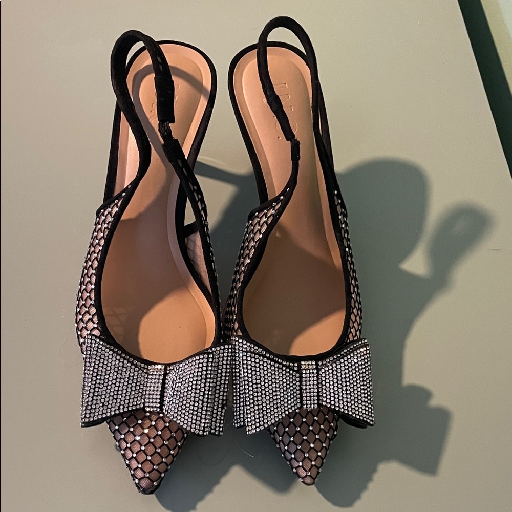 INC International Concepts Black Mesh Heels with Rhinestone Bow